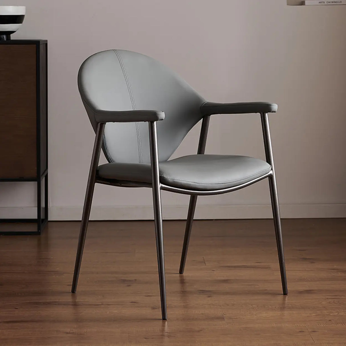Curved Faux Leather Armrest Metal Dining Chairs Gray Image - 3