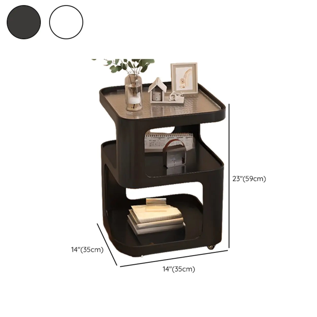 Curved Glass White Rolling Storage Nightstand with Shelves