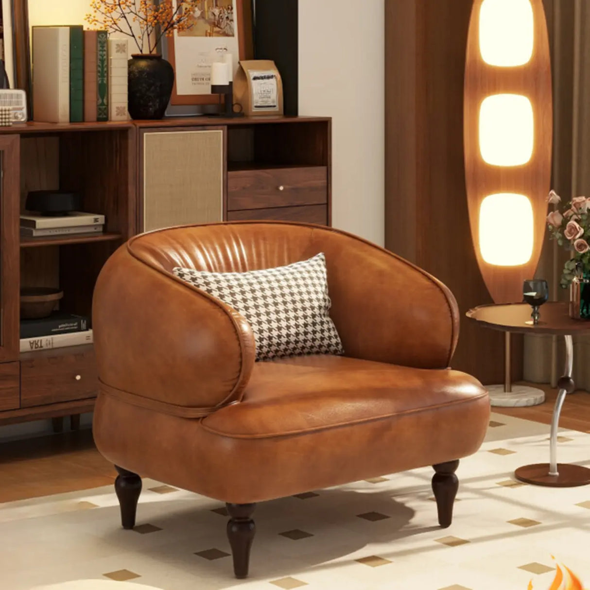 Curved Leather Brown Armchair Accent Chair with Pillow Image - 1