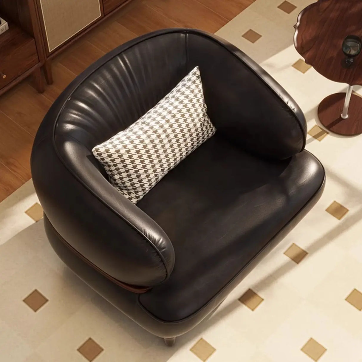 Curved Leather Brown Armchair Accent Chair with Pillow Image - 10