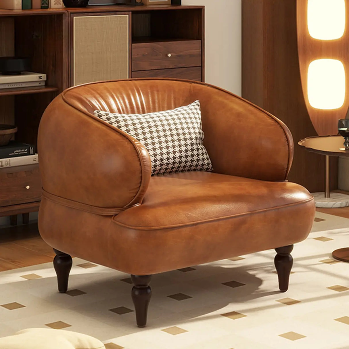 Curved Leather Brown Armchair Accent Chair with Pillow Image - 2