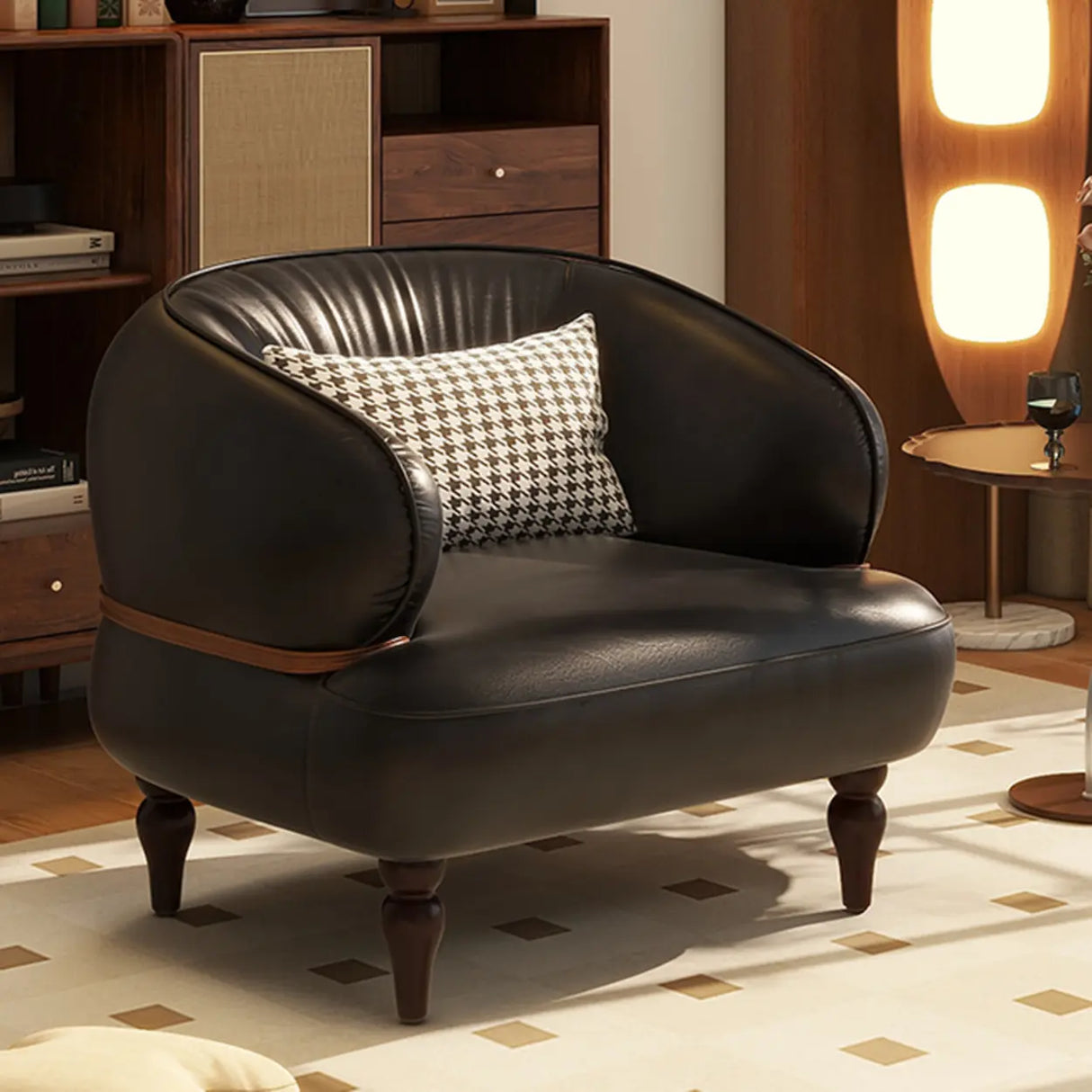 Curved Leather Brown Armchair Accent Chair with Pillow Image - 3