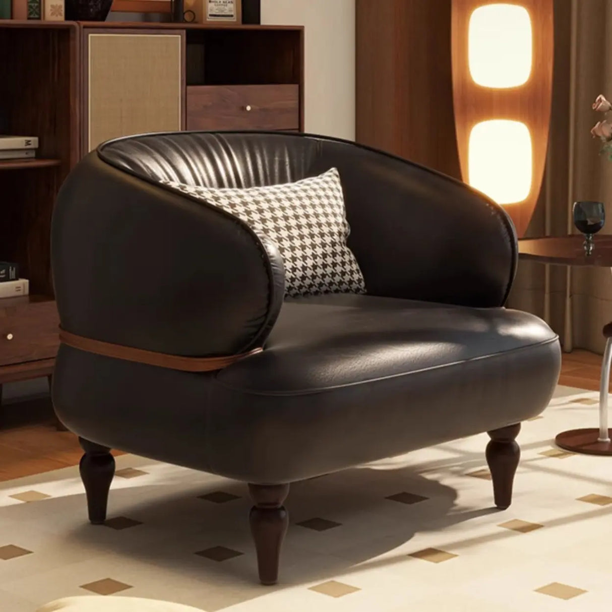 Curved Leather Brown Armchair Accent Chair with Pillow Image - 4