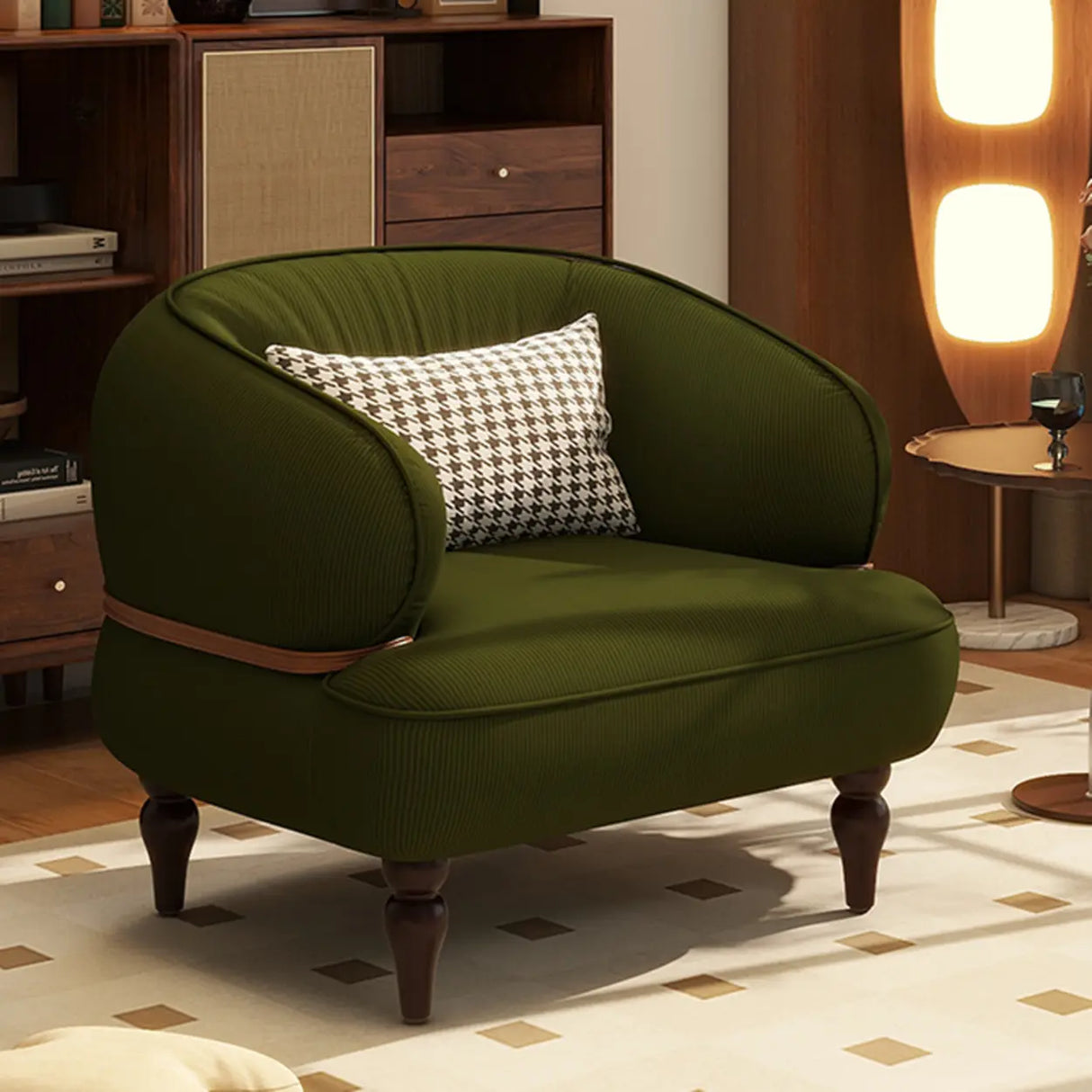 Curved Leather Brown Armchair Accent Chair with Pillow Image - 5