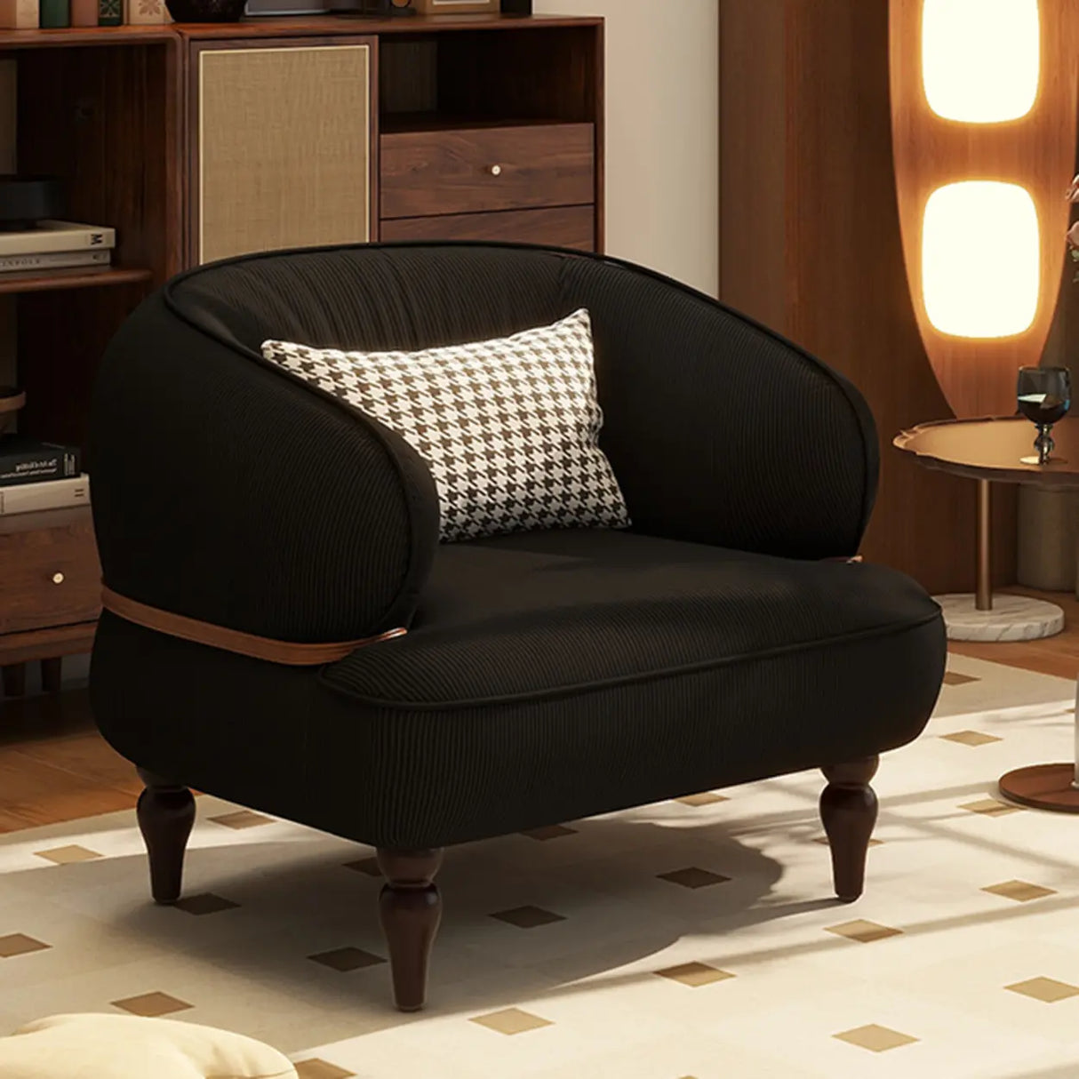 Curved Leather Brown Armchair Accent Chair with Pillow Image - 7