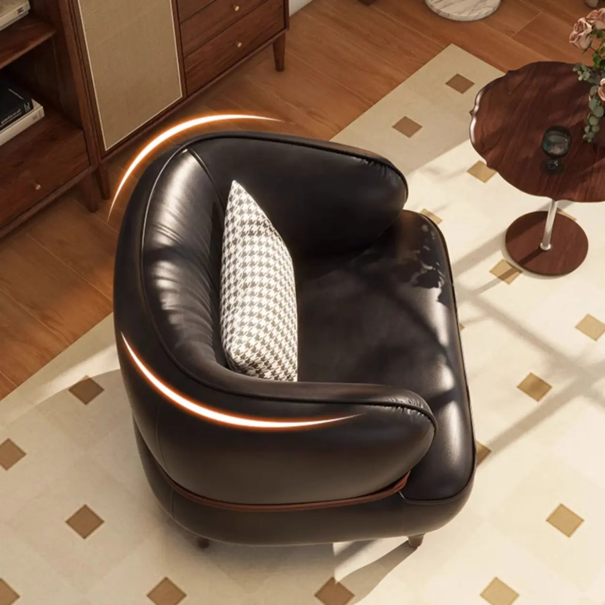 Curved Leather Brown Armchair Accent Chair with Pillow Image - 8