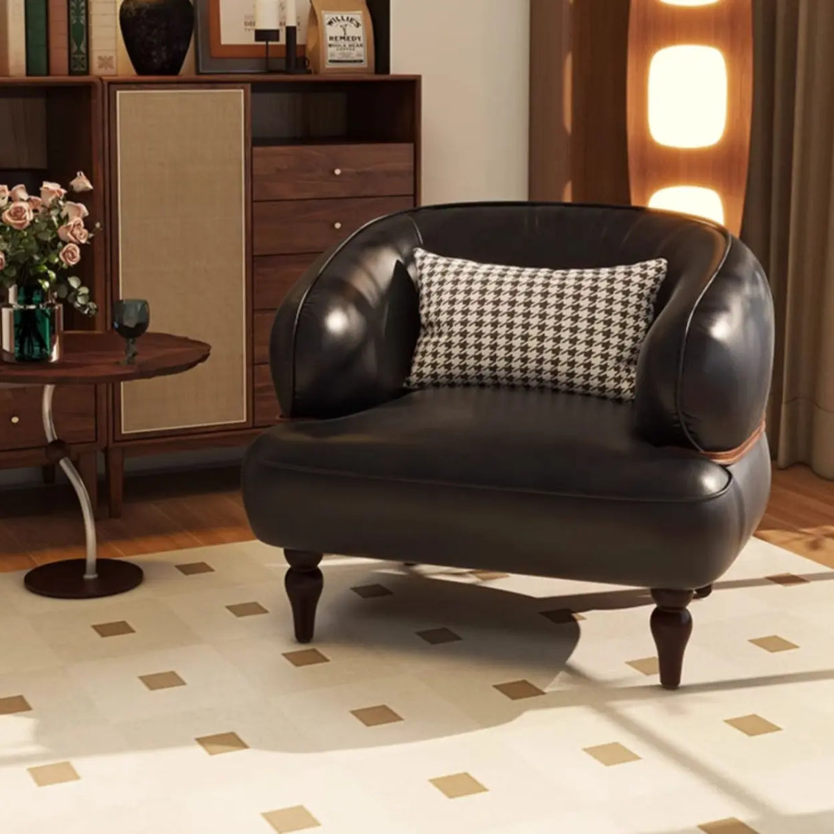 Curved Leather Brown Armchair Accent Chair with Pillow Image - 9
