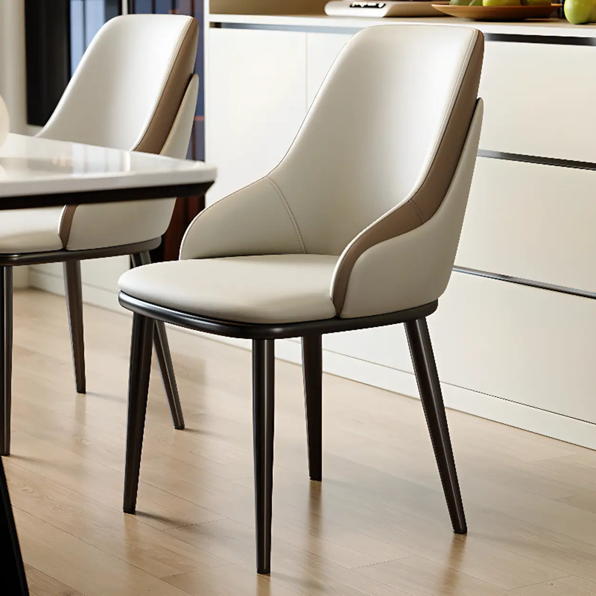 Curved Leather Cushion Armrest Dining Chair Off-White Image - 1