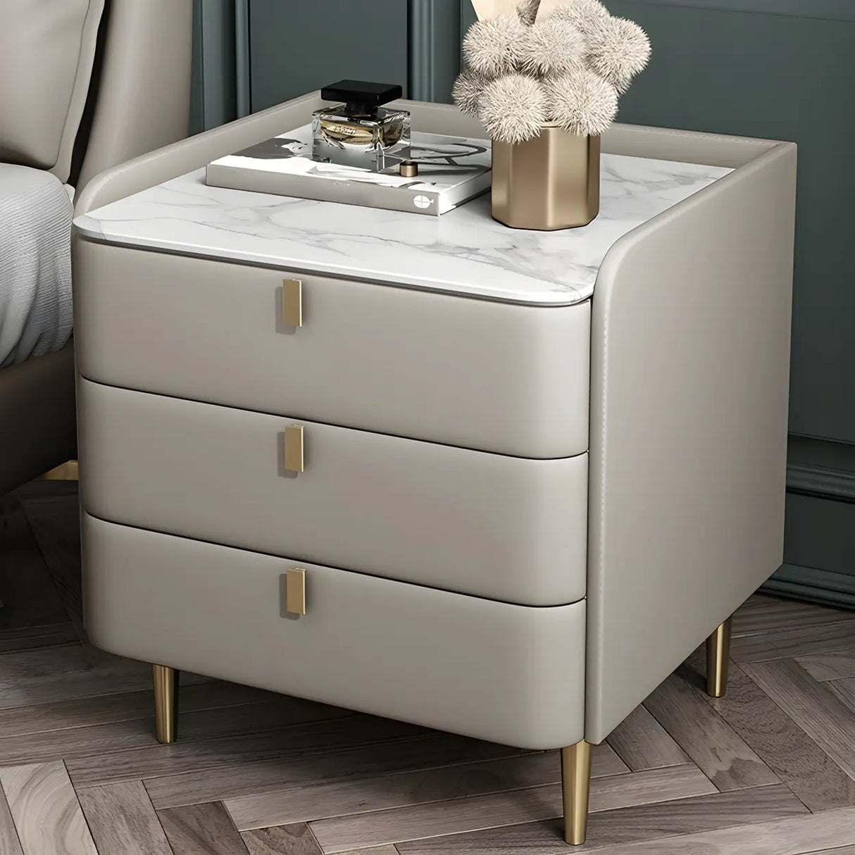 Curved Leather Off-White 3-Drawer Functional Nightstand Image - 11