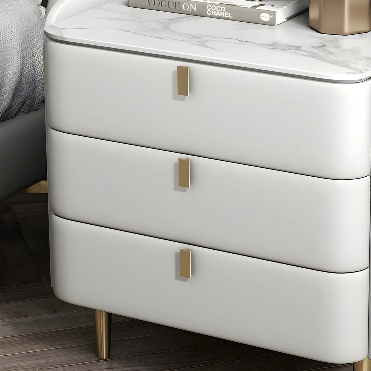 Curved Leather Off-White 3-Drawer Functional Nightstand Image - 12