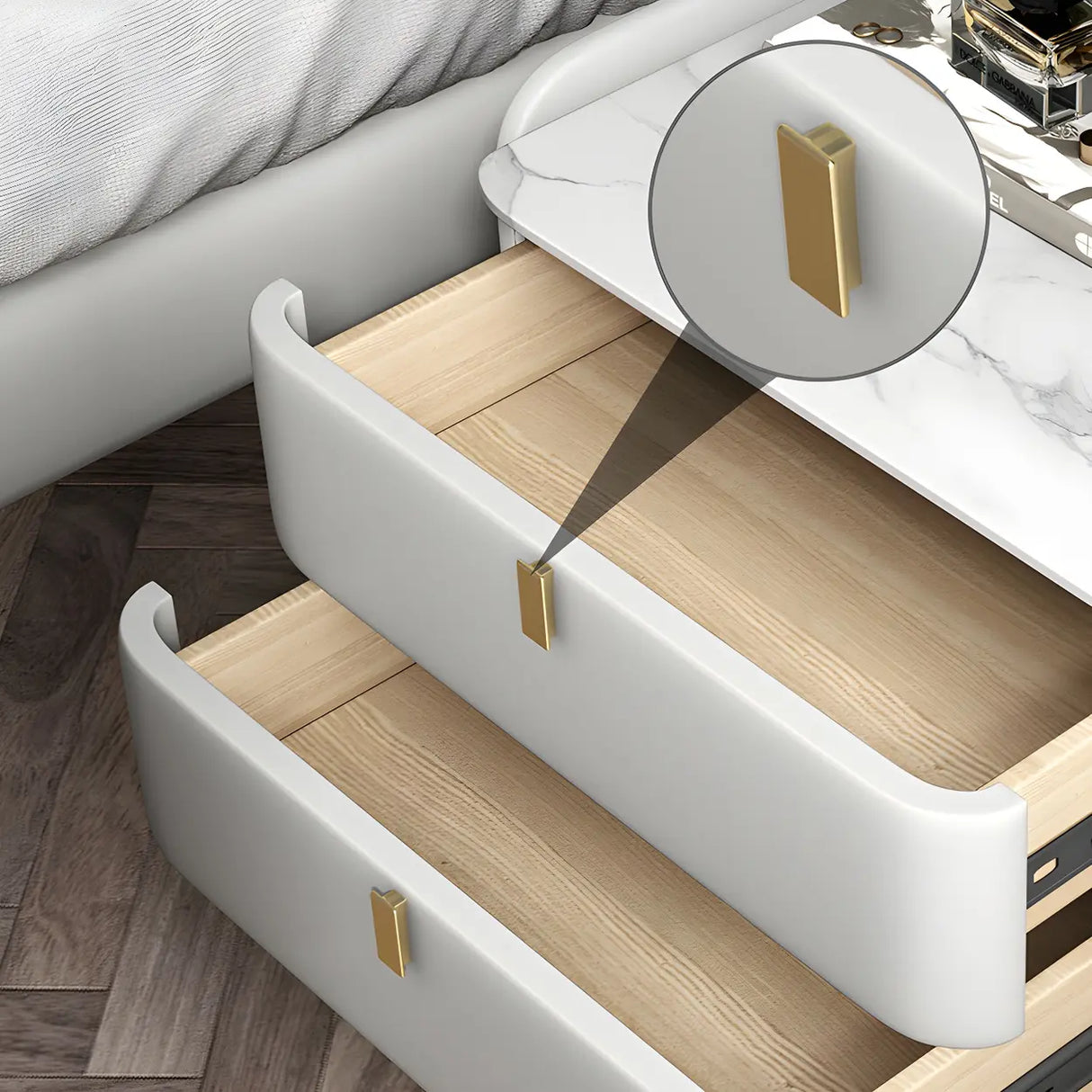 Curved Leather Off-White 3-Drawer Functional Nightstand Image - 14