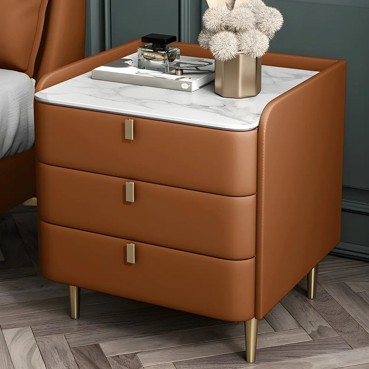 Curved Leather Off-White 3-Drawer Functional Nightstand Image - 15