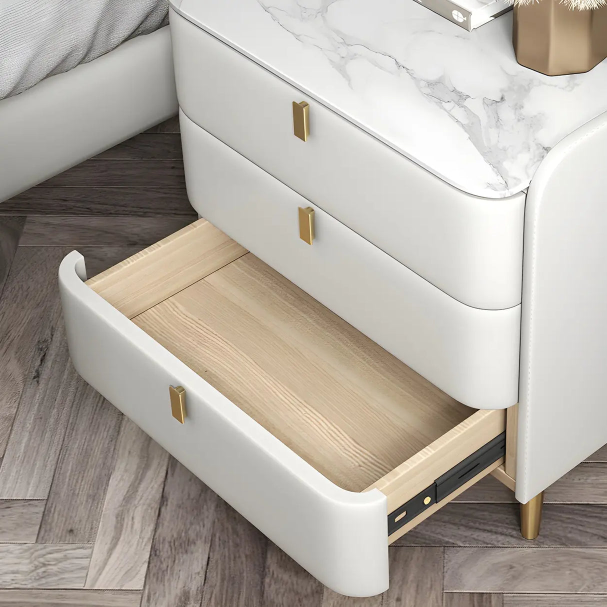 Curved Leather Off-White 3-Drawer Functional Nightstand Image - 16