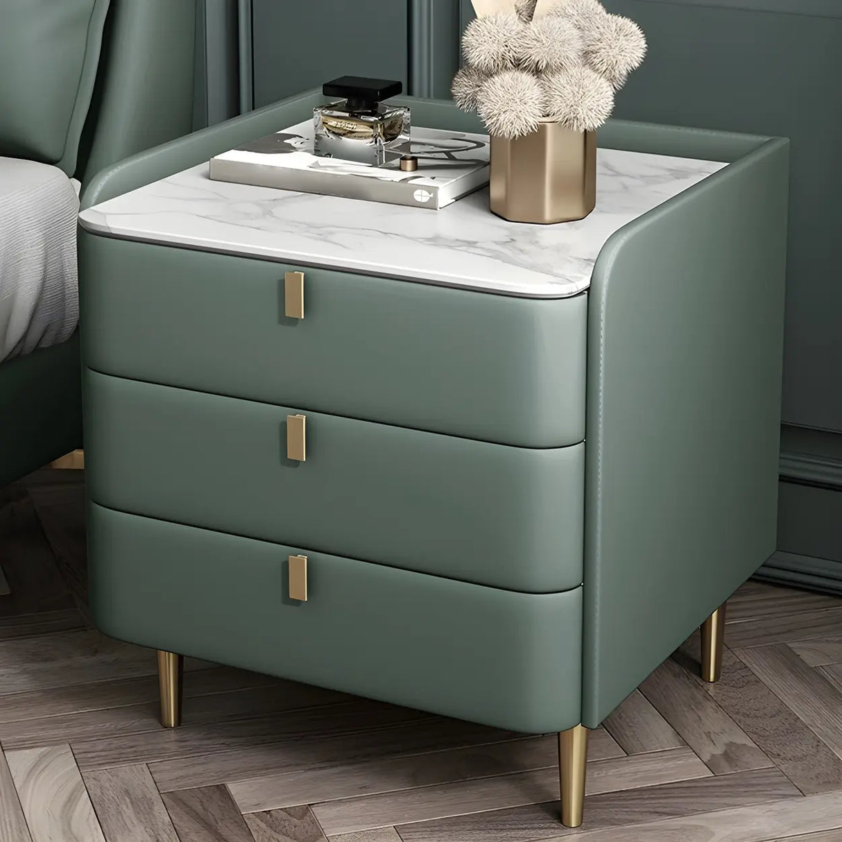 Curved Leather Off-White 3-Drawer Functional Nightstand Image - 17