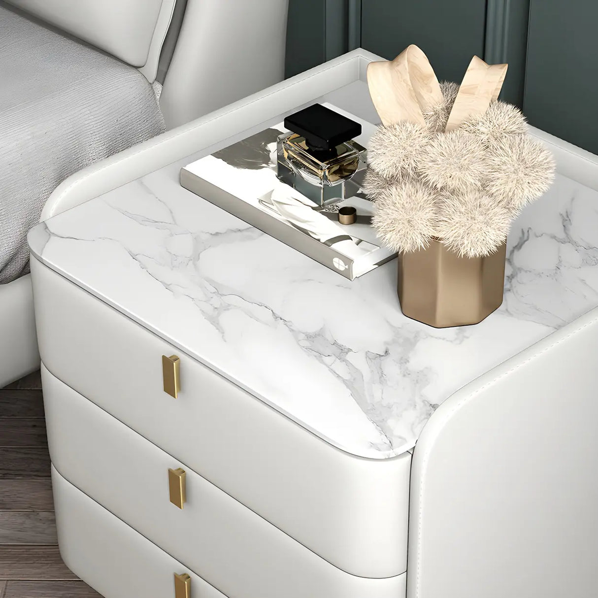 Curved Leather Off-White 3-Drawer Functional Nightstand Image - 19
