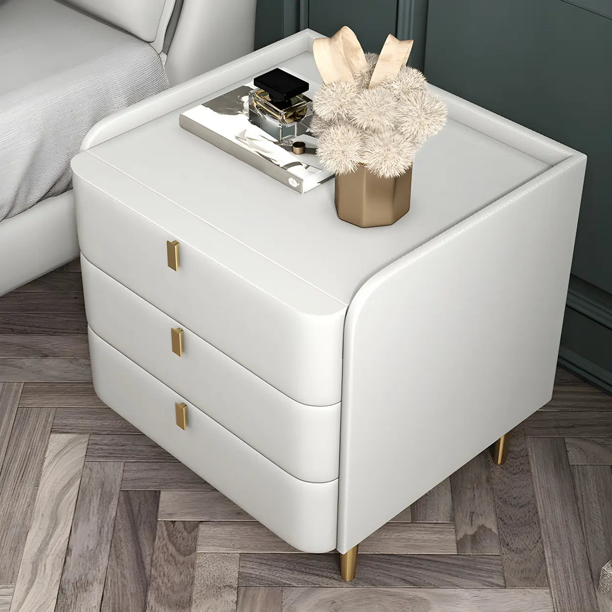 Curved Leather Off-White 3-Drawer Functional Nightstand Image - 1