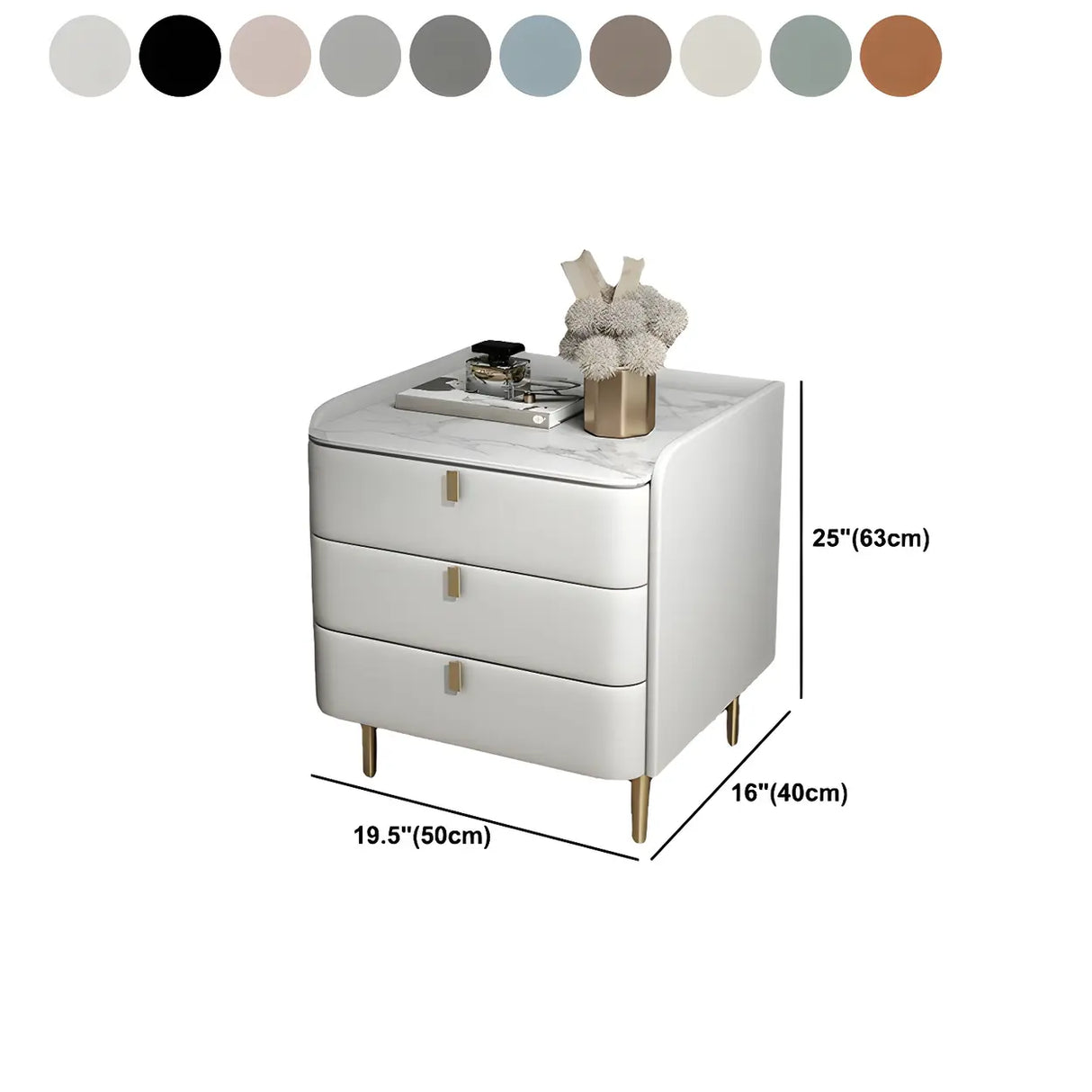 Curved Leather Off-White 3-Drawer Functional Nightstand