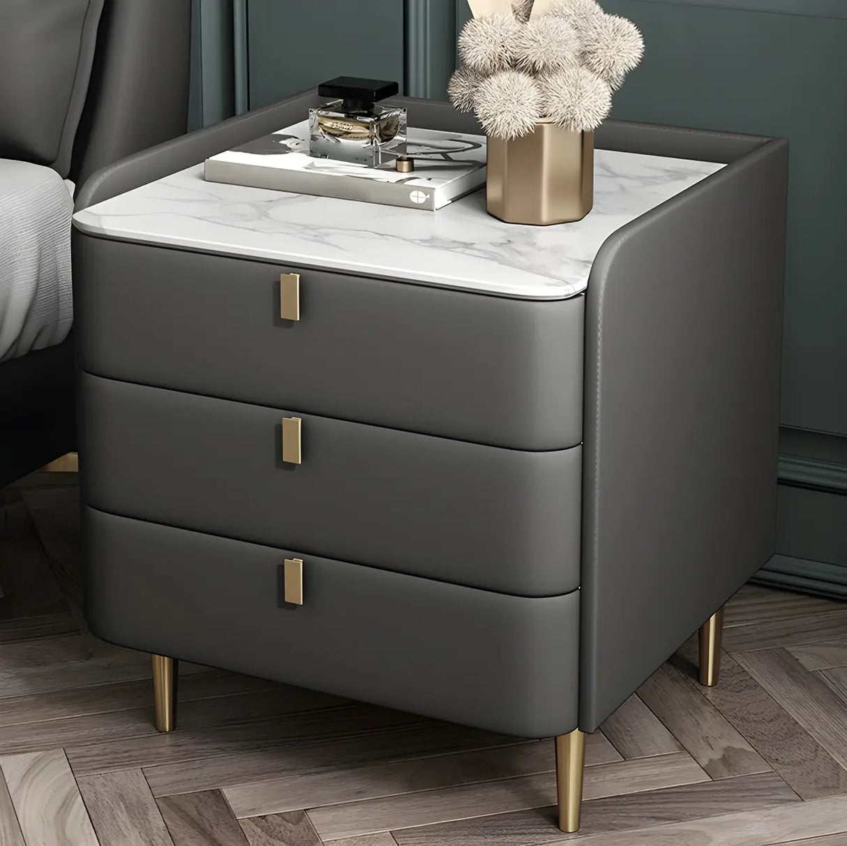 Curved Leather Off-White 3-Drawer Functional Nightstand Image - 3