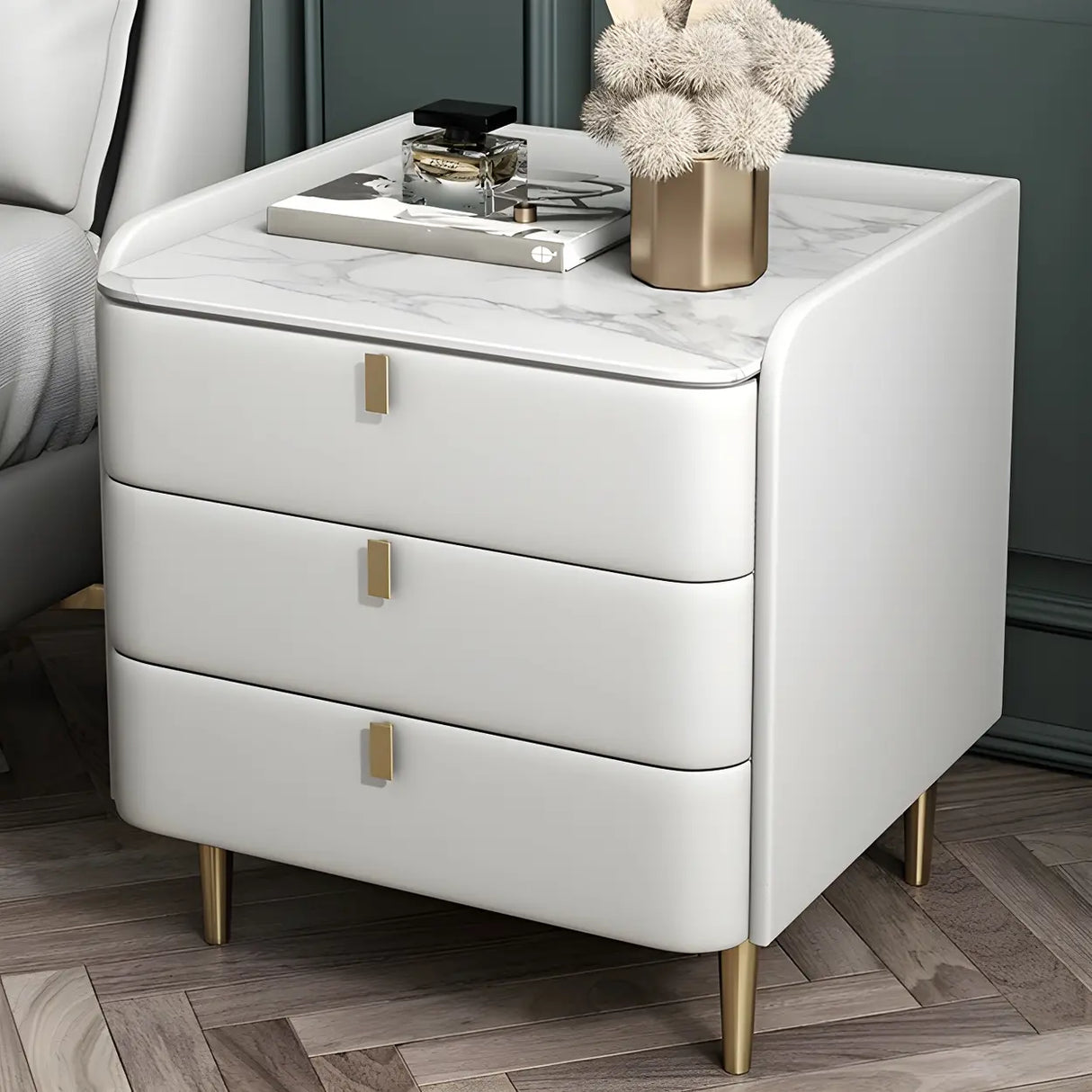 Curved Leather Off-White 3-Drawer Functional Nightstand Image - 4
