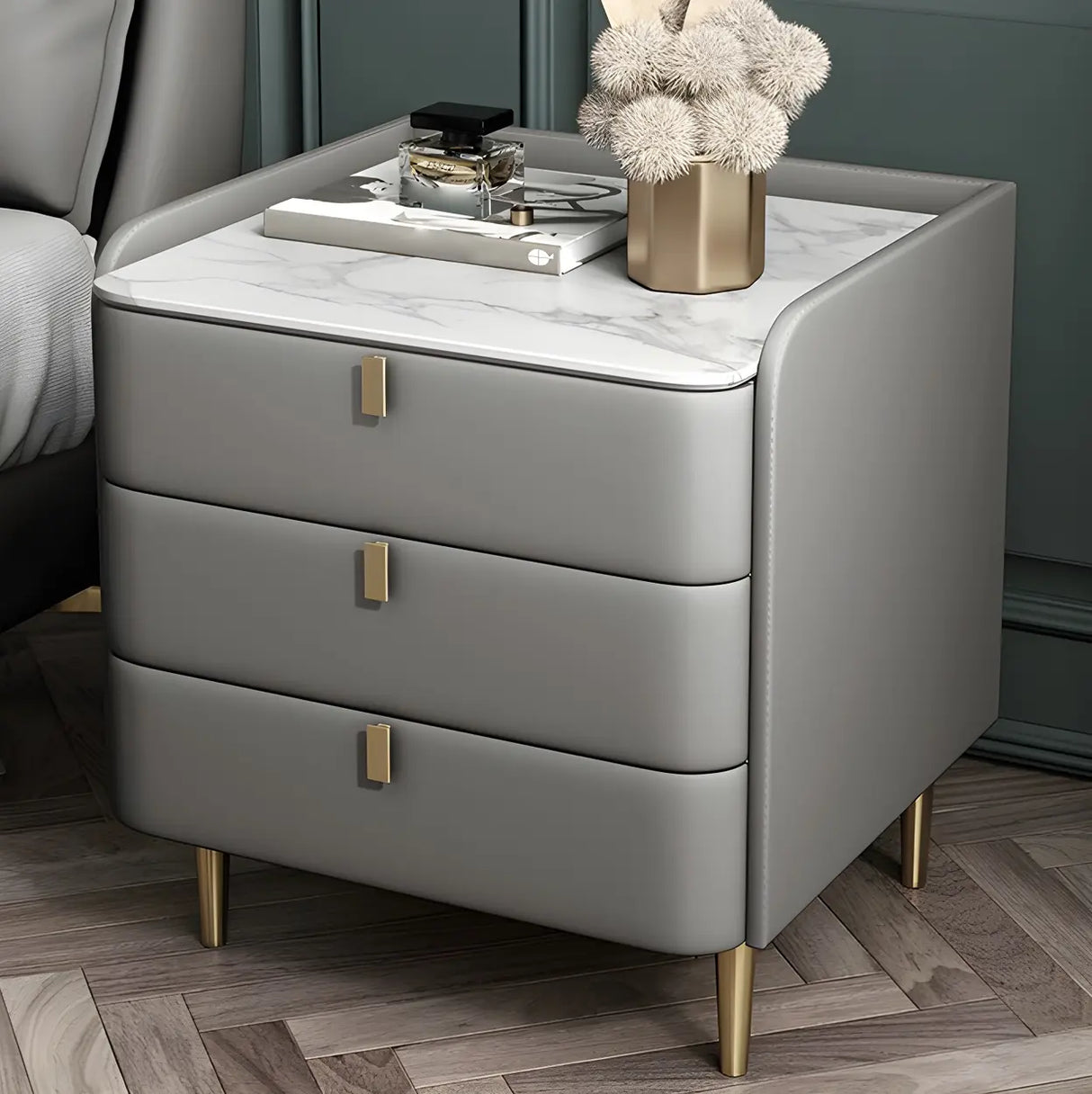 Curved Leather Off-White 3-Drawer Functional Nightstand Image - 5