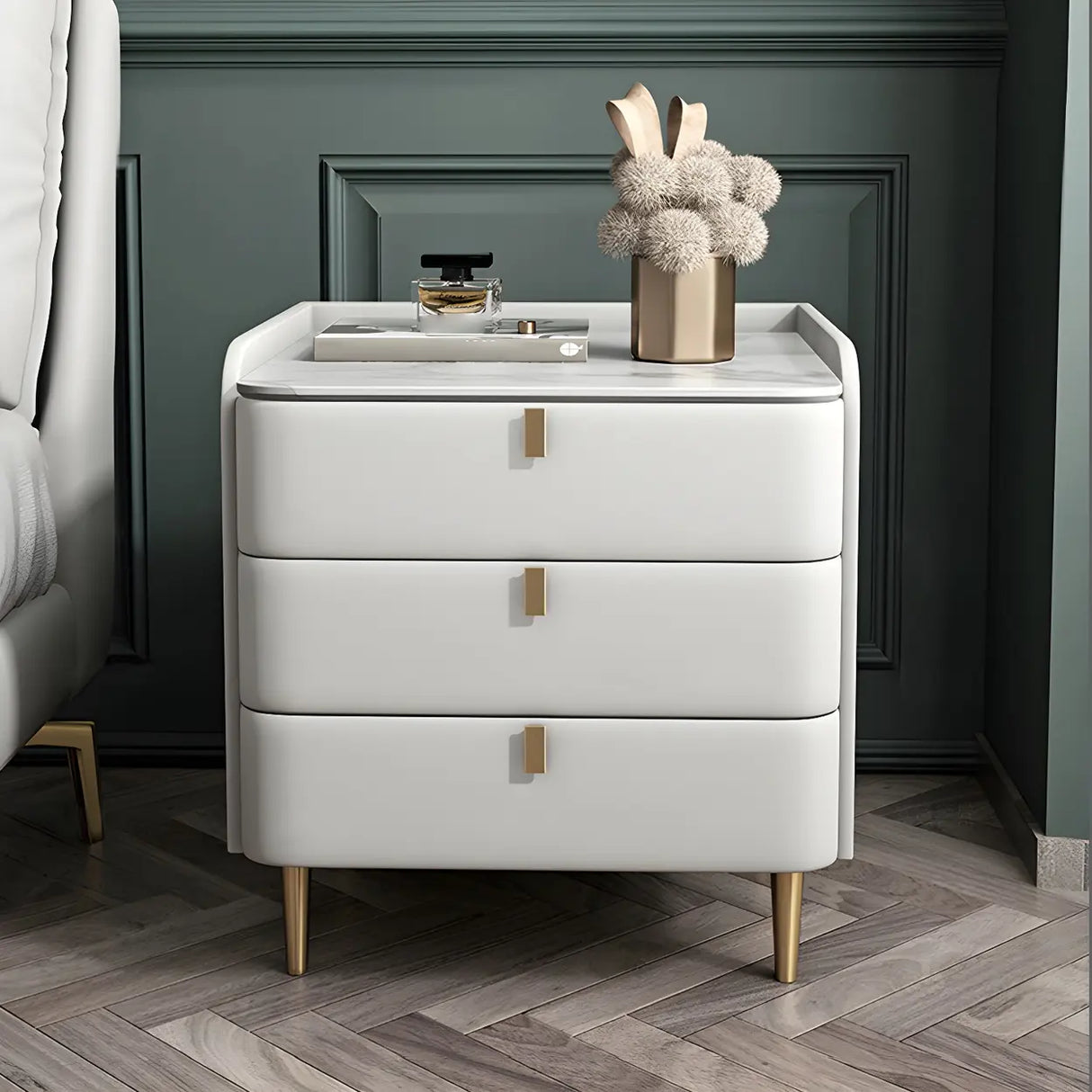 Curved Leather Off-White 3-Drawer Functional Nightstand Image - 6
