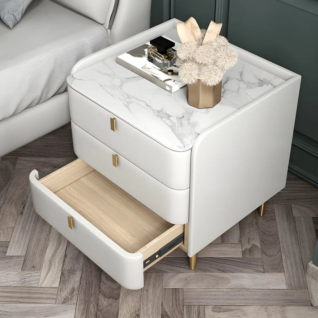 Curved Leather Off-White 3-Drawer Functional Nightstand Image - 8