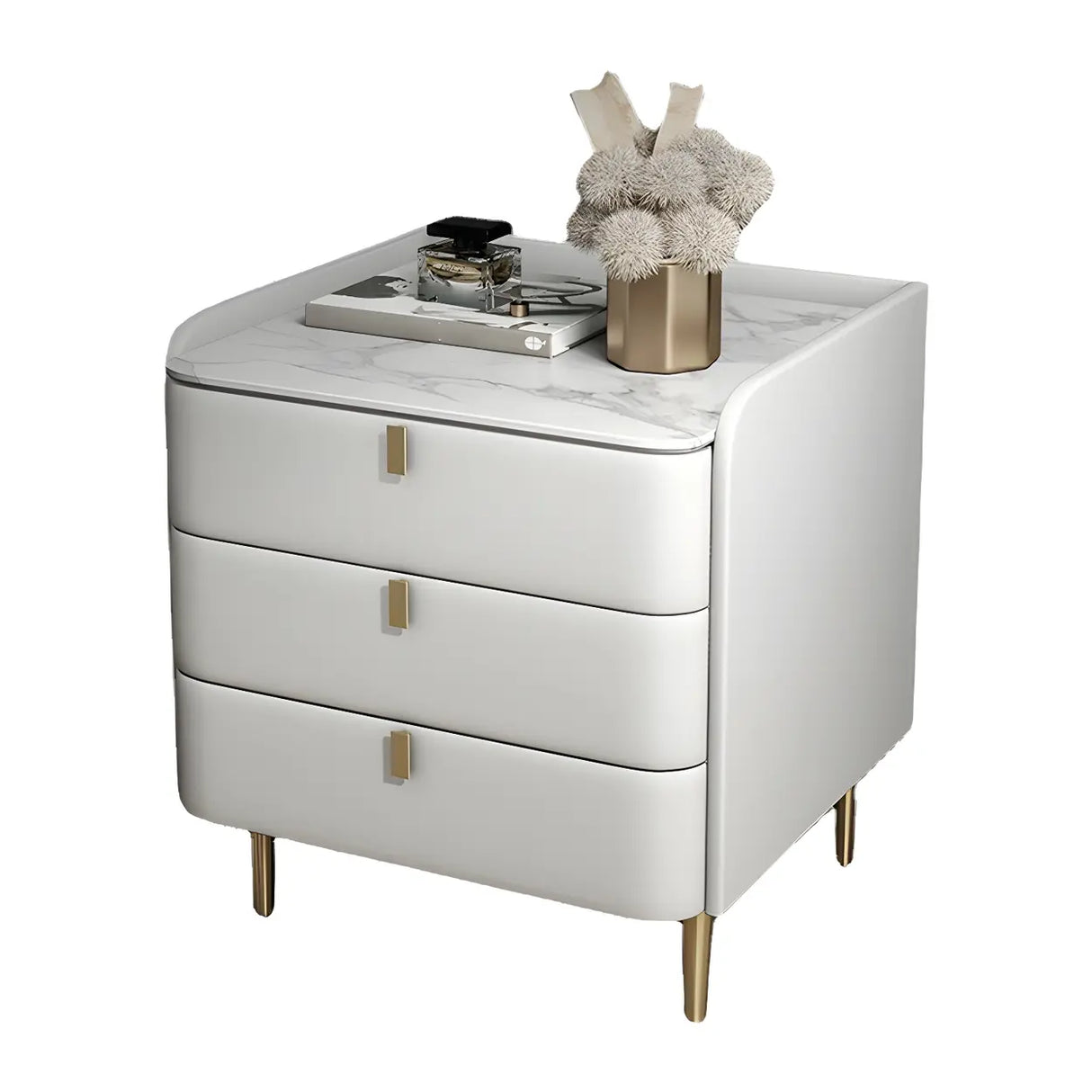 Curved Leather Off-White 3-Drawer Functional Nightstand Image - 9