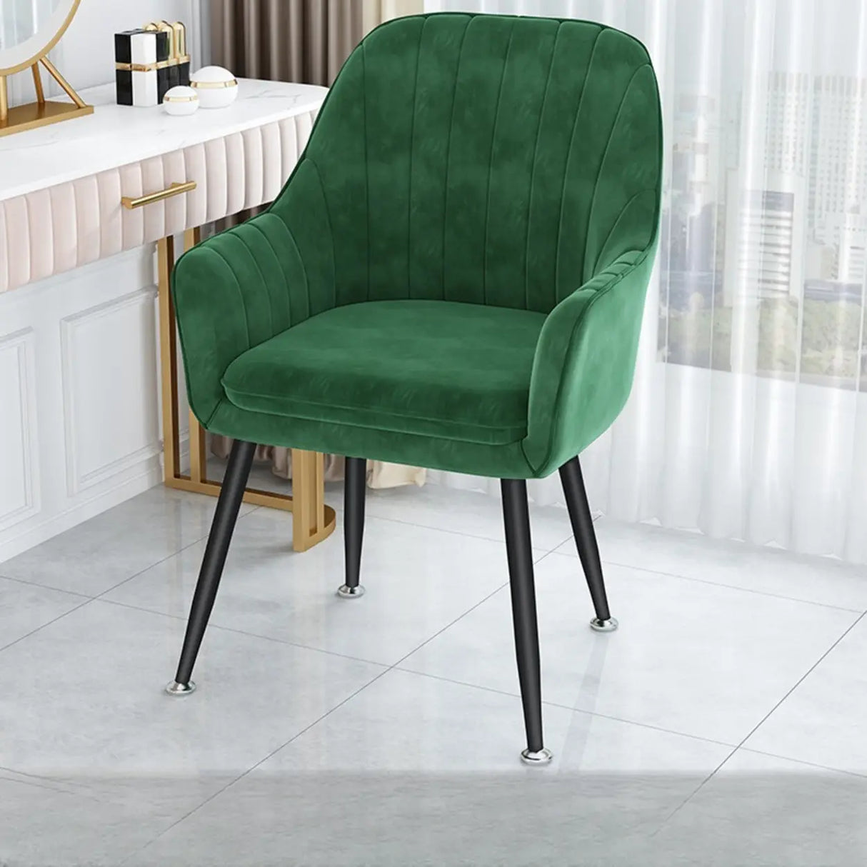 Curved Solid Back Fabric Armrest Dining Chair Green Image - 1