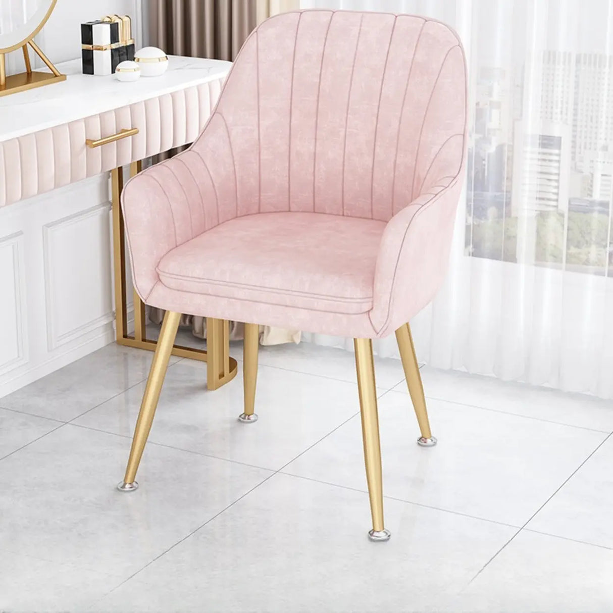 Curved Solid Back Fabric Armrest Dining Chair Green Image - 10