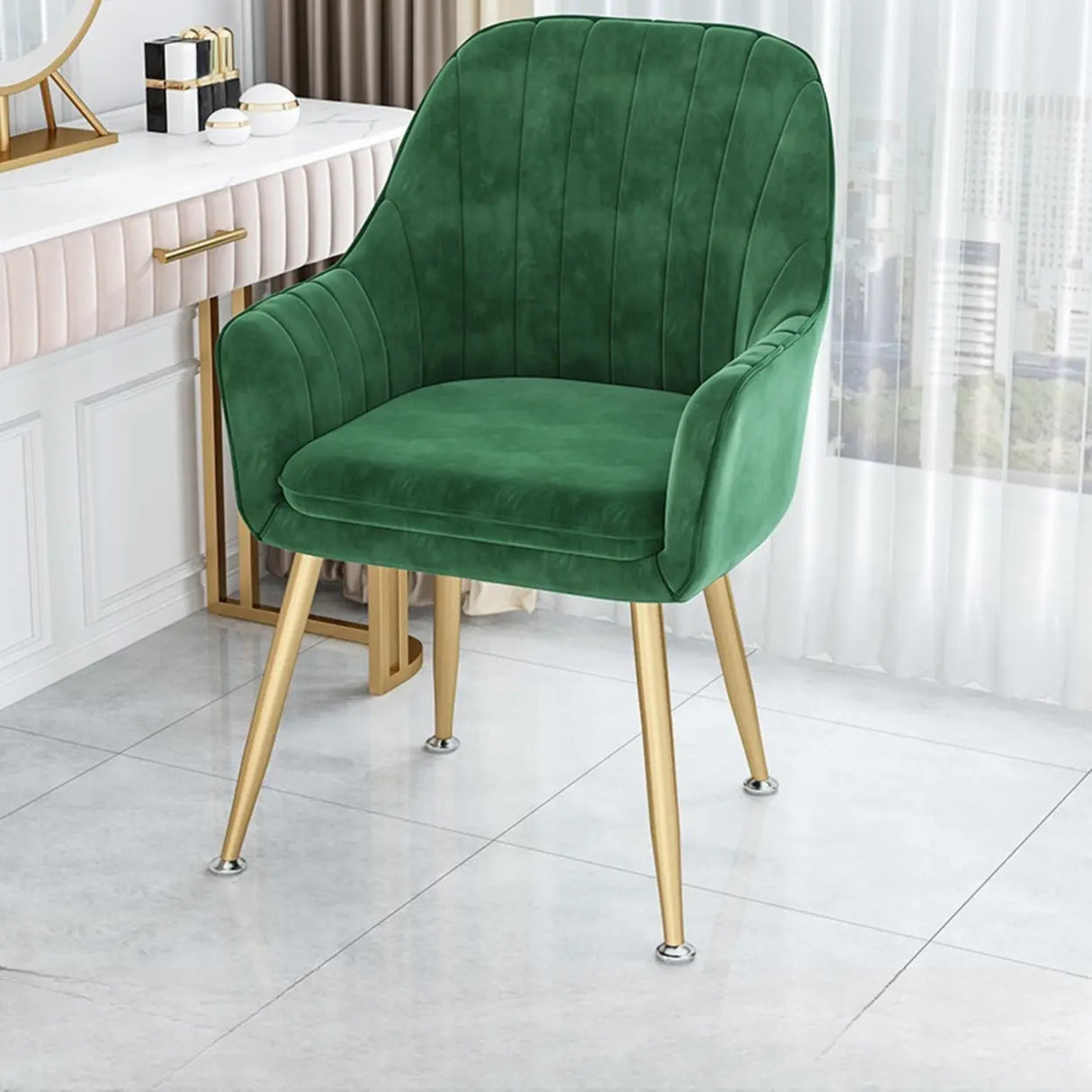 Curved Solid Back Fabric Armrest Dining Chair Green Image - 11