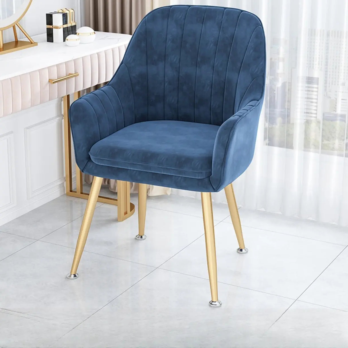 Curved Solid Back Fabric Armrest Dining Chair Green Image - 12