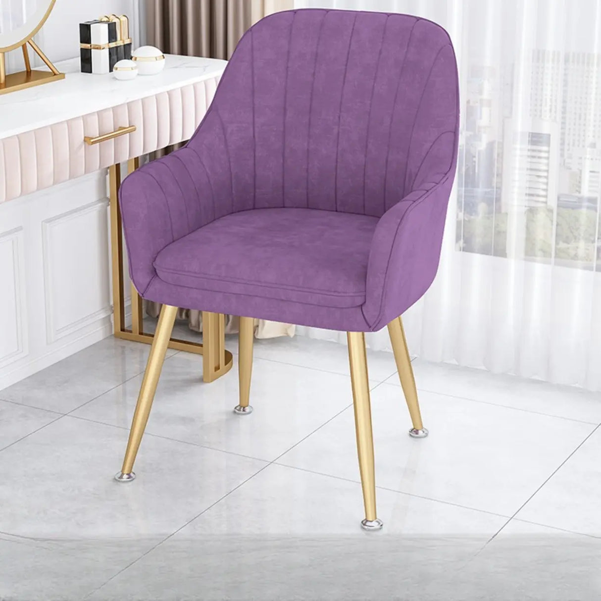 Curved Solid Back Fabric Armrest Dining Chair Green Image - 2