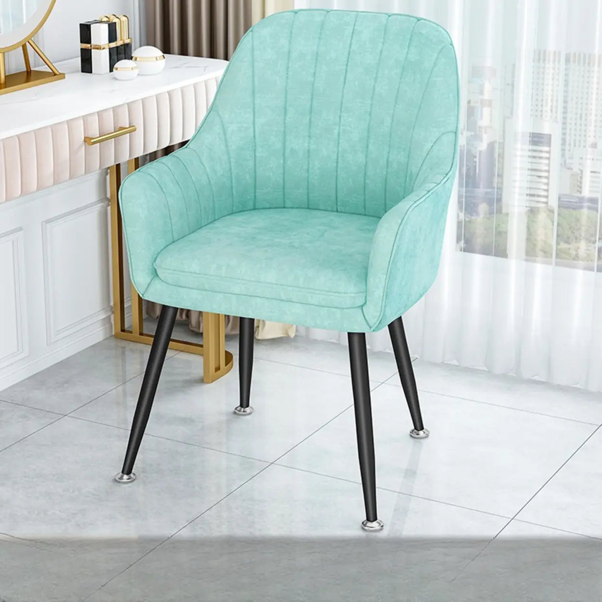Curved Solid Back Fabric Armrest Dining Chair Green Image - 5