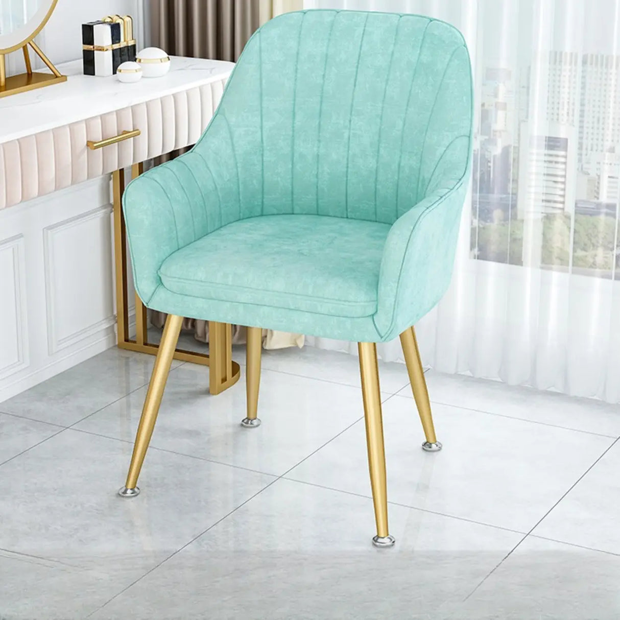 Curved Solid Back Fabric Armrest Dining Chair Green Image - 6