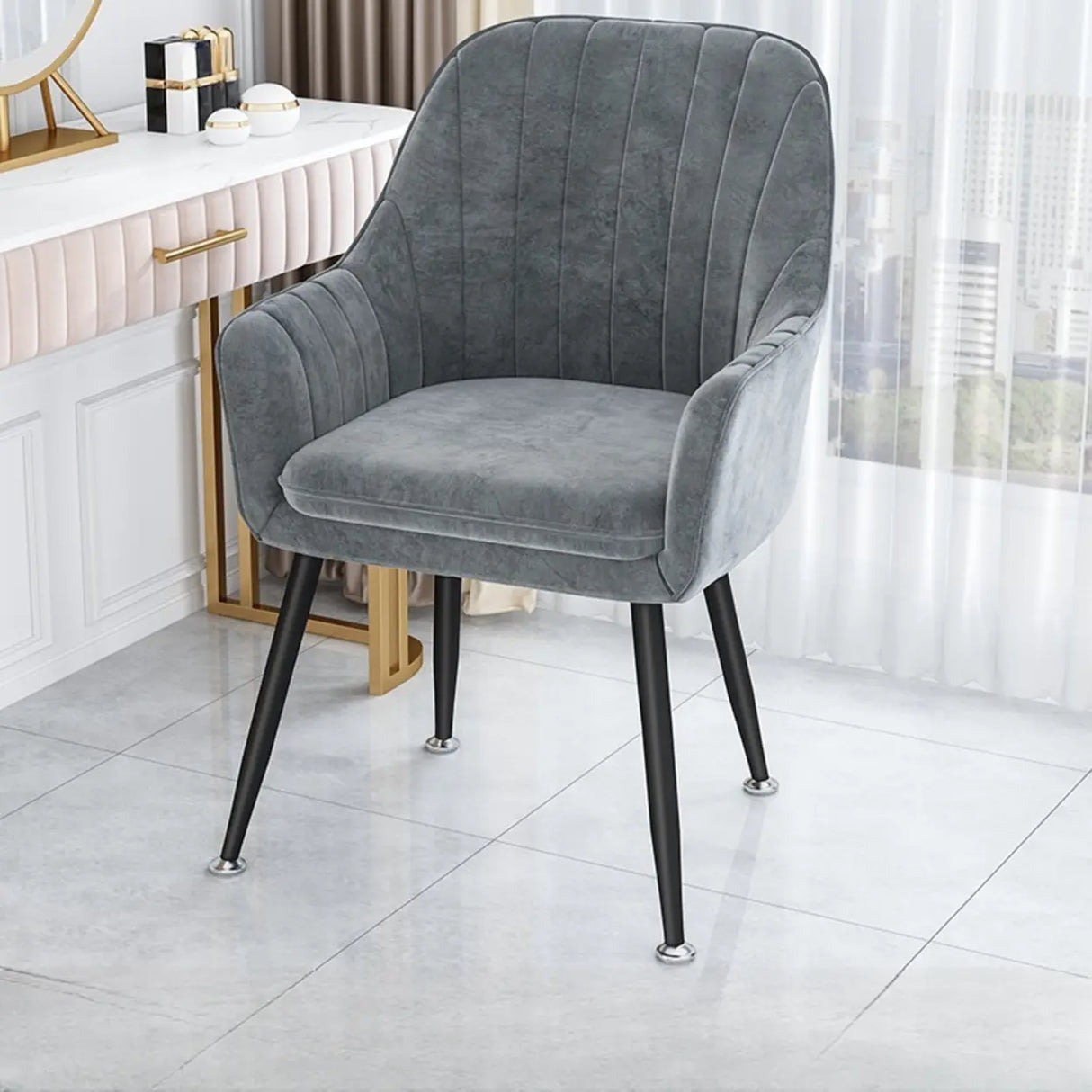 Curved Solid Back Fabric Armrest Dining Chair Green Image - 8