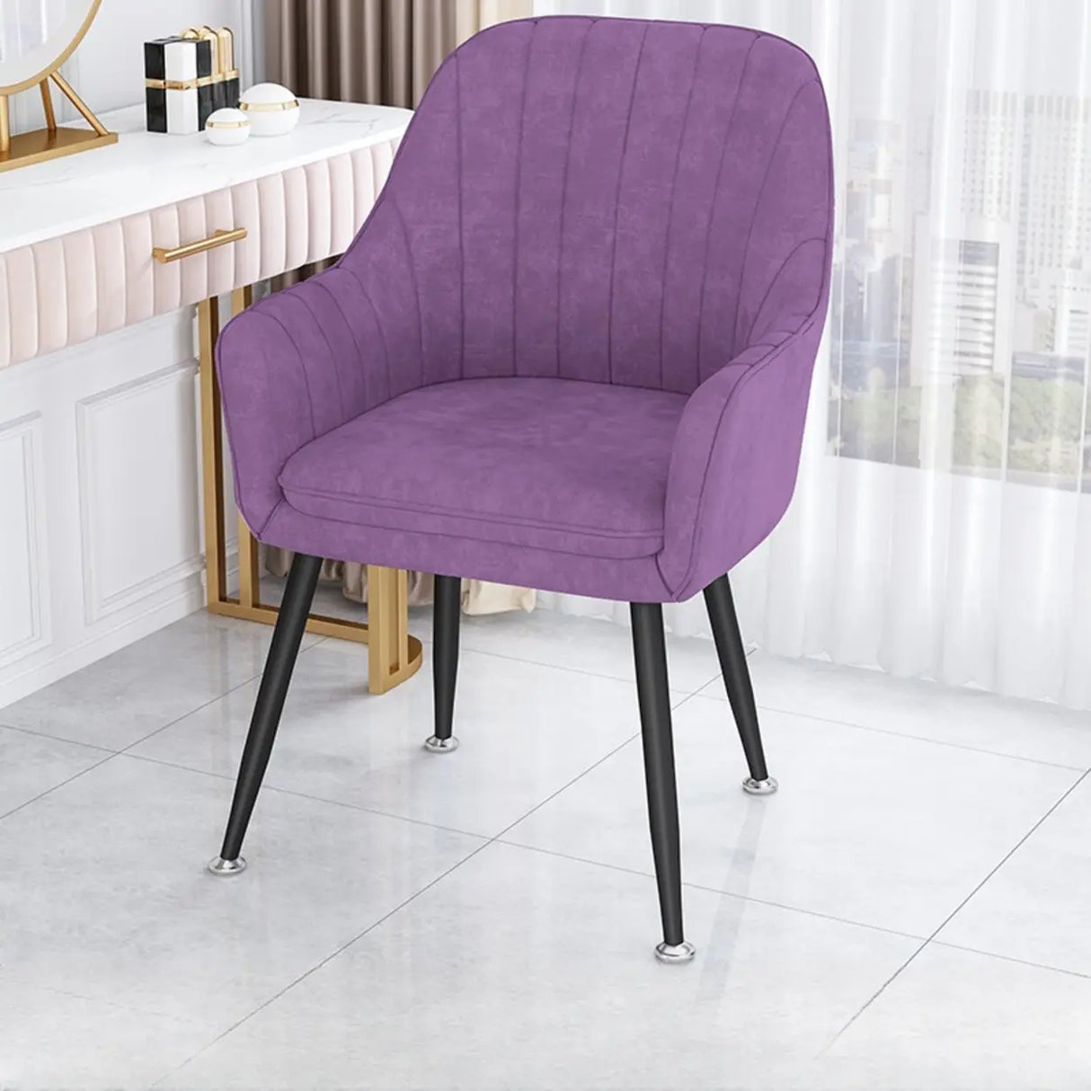 Curved Solid Back Fabric Armrest Dining Chair Green Image - 9