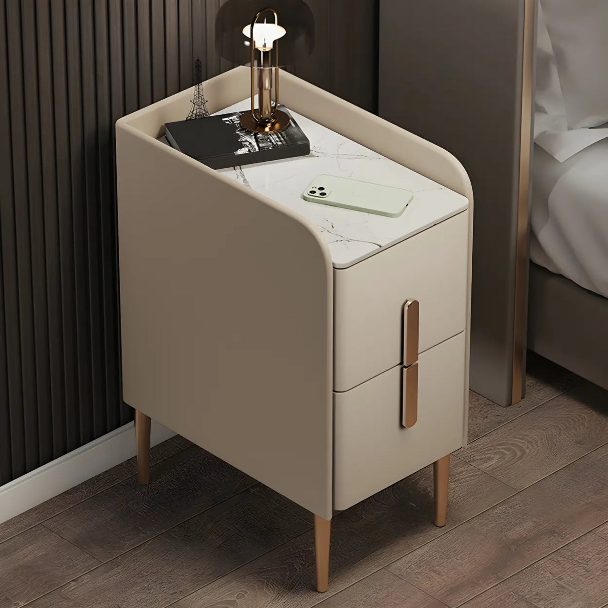 Curved Stone Off-White Stylish Functional Nightstand Image - 1