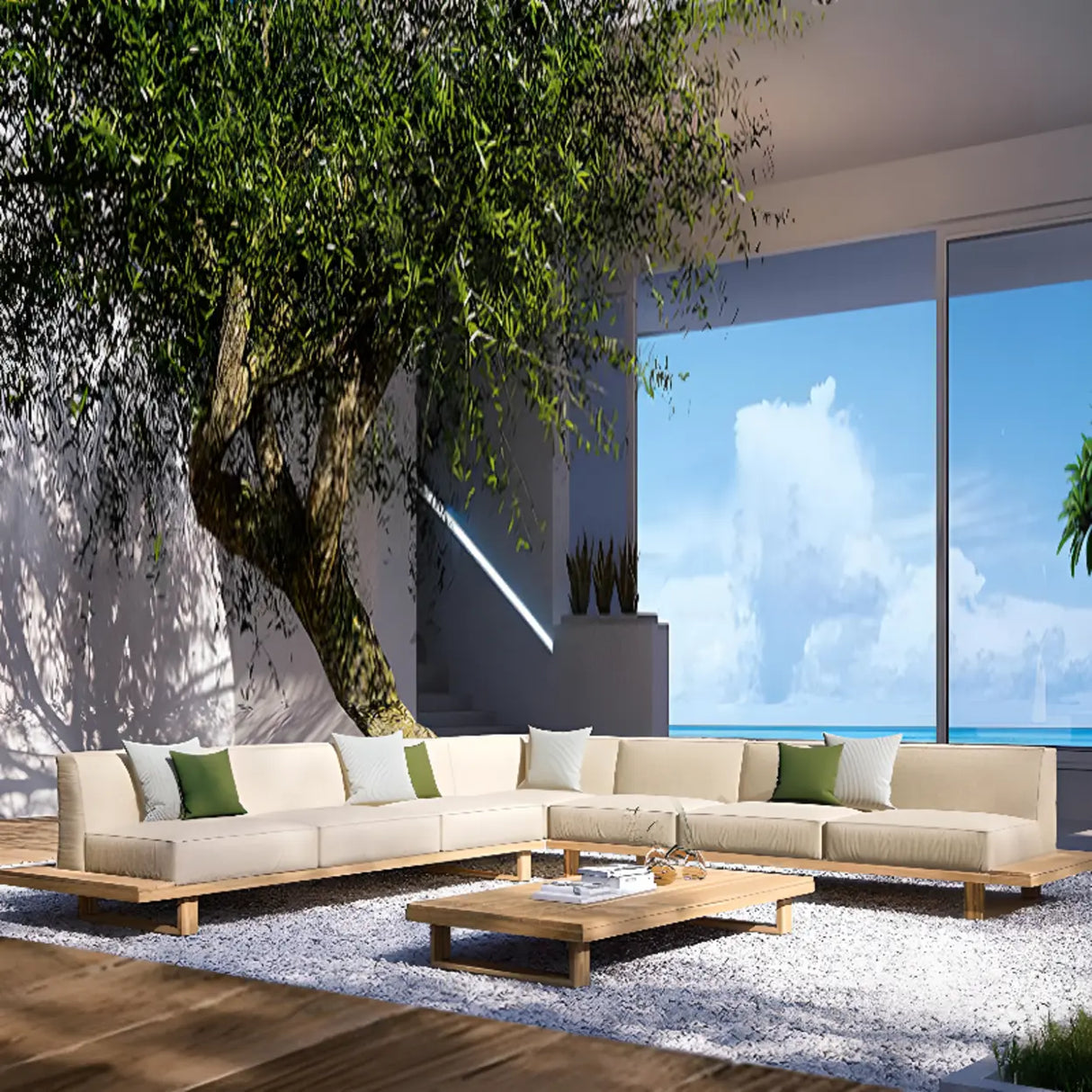 Cushions Included Corner Wood Beige Sectional Sofa Set Image - 1