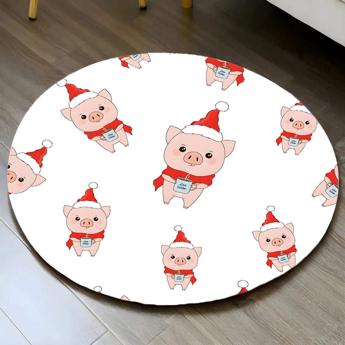 Cute Christmas Piggy Round Polypropylene Area Rug Image - 1