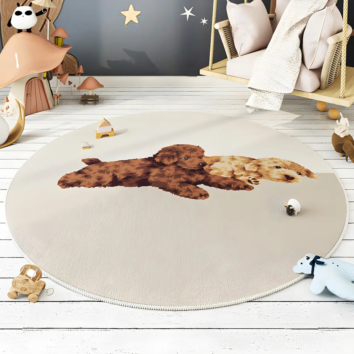 Cute Round Animal Printed Soft Polyester Gray Area Rug Image - 10