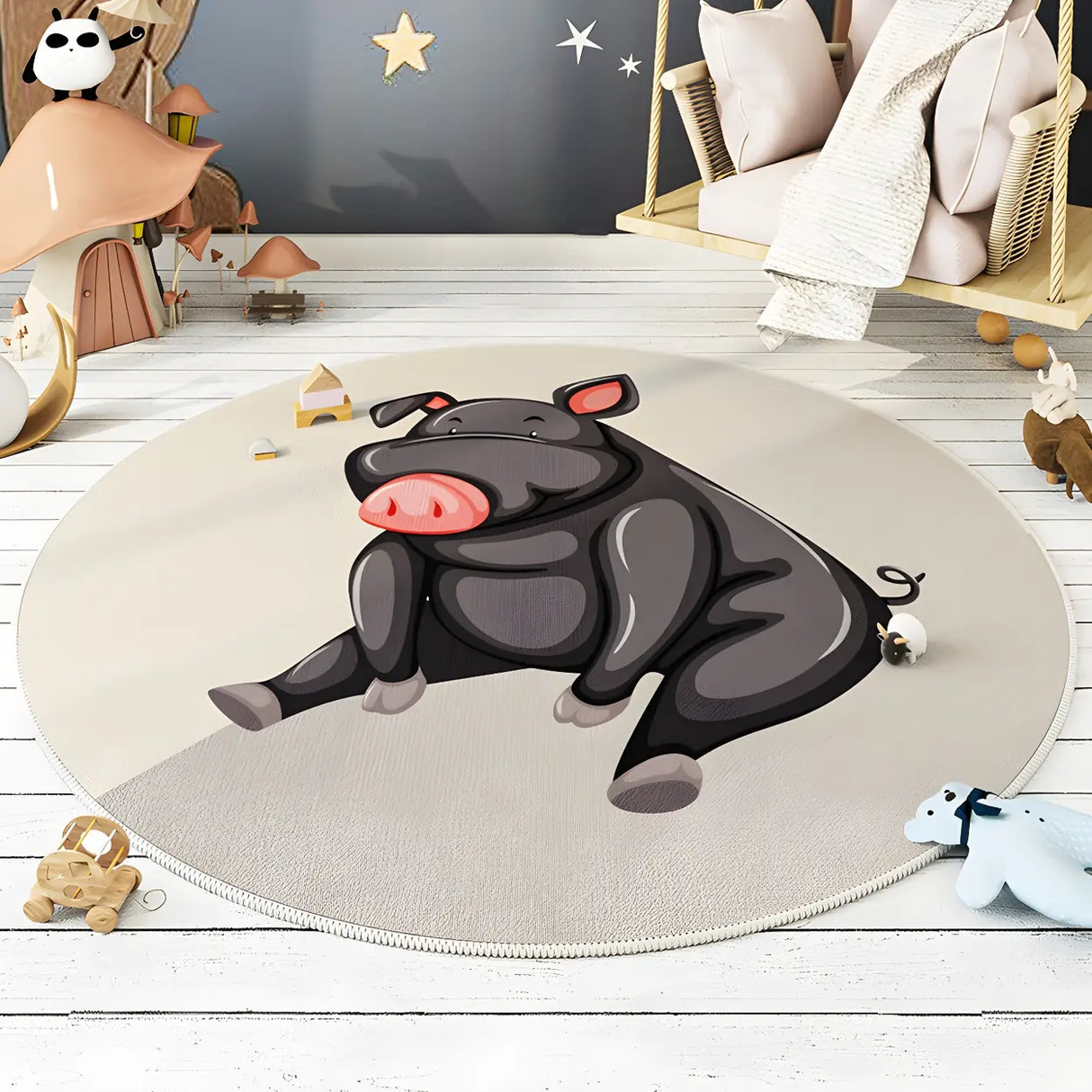 Cute Round Animal Printed Soft Polyester Gray Area Rug Image - 11
