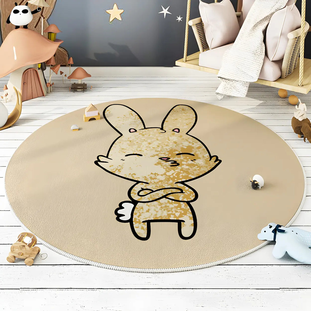 Cute Round Animal Printed Soft Polyester Gray Area Rug Image - 3