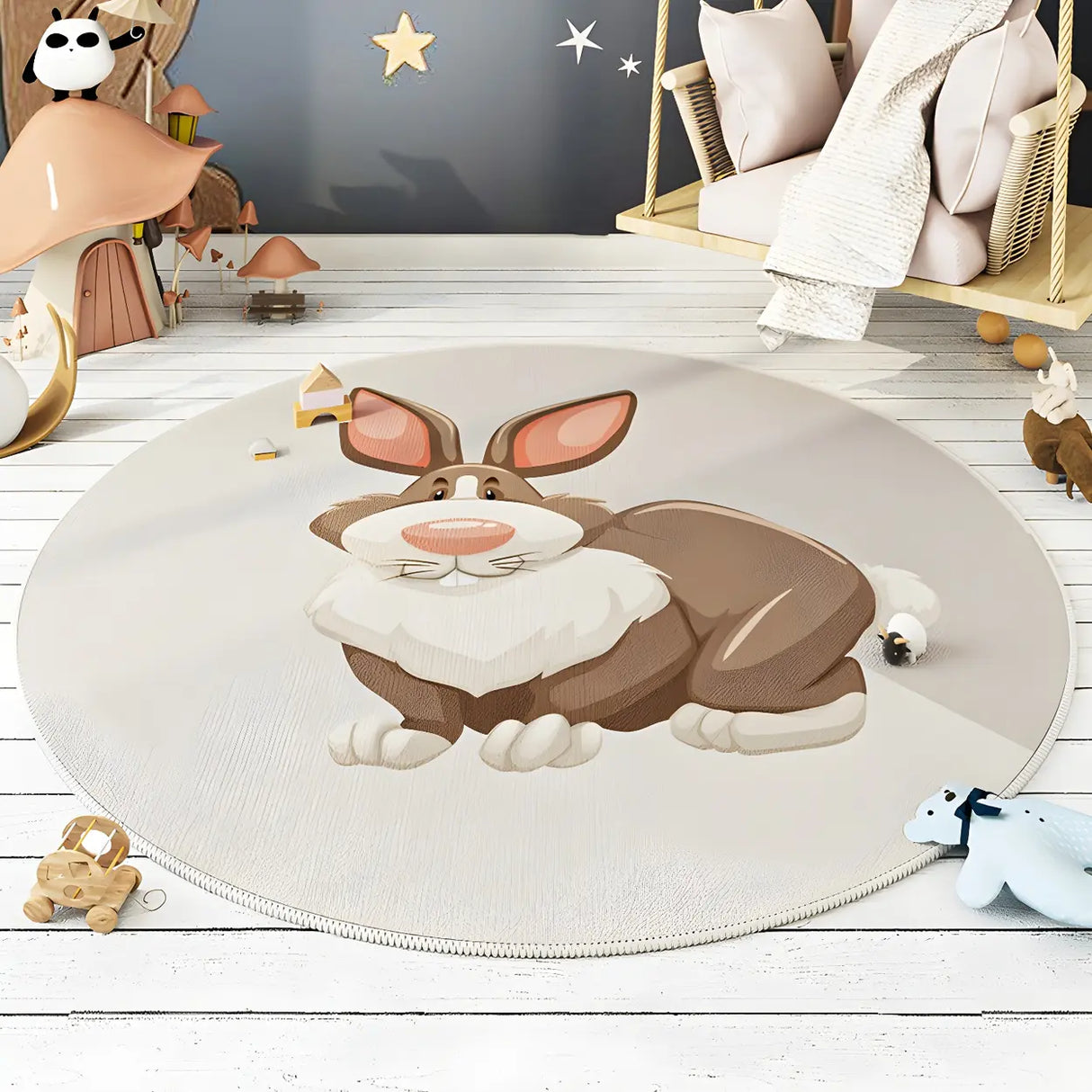 Cute Round Animal Printed Soft Polyester Gray Area Rug Image - 4