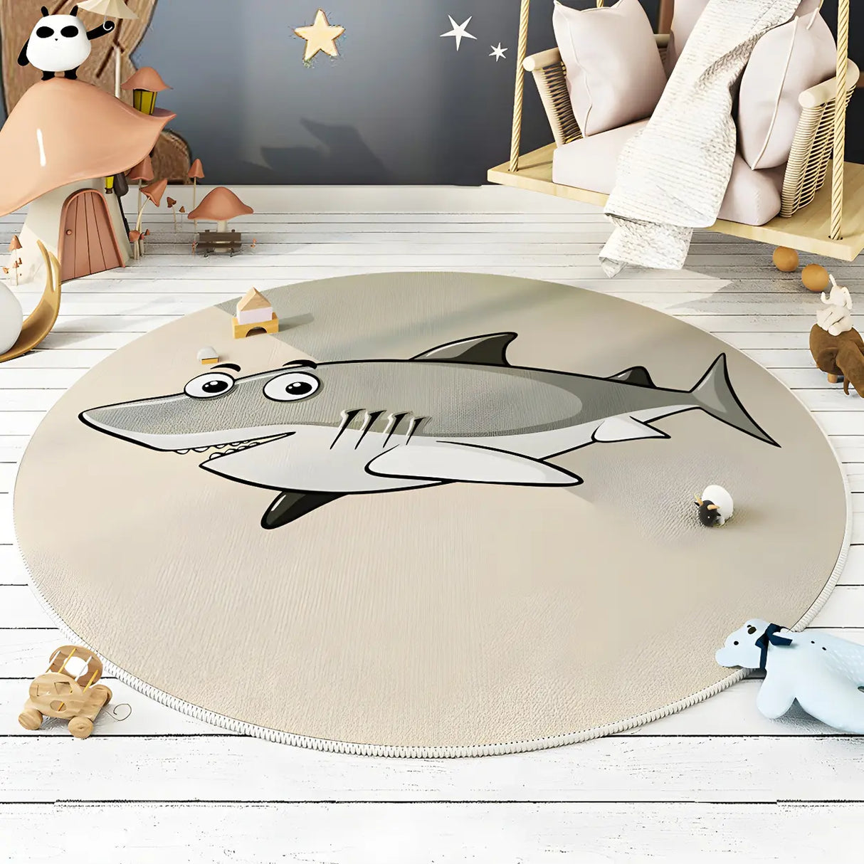 Cute Round Animal Printed Soft Polyester Gray Area Rug Image - 6