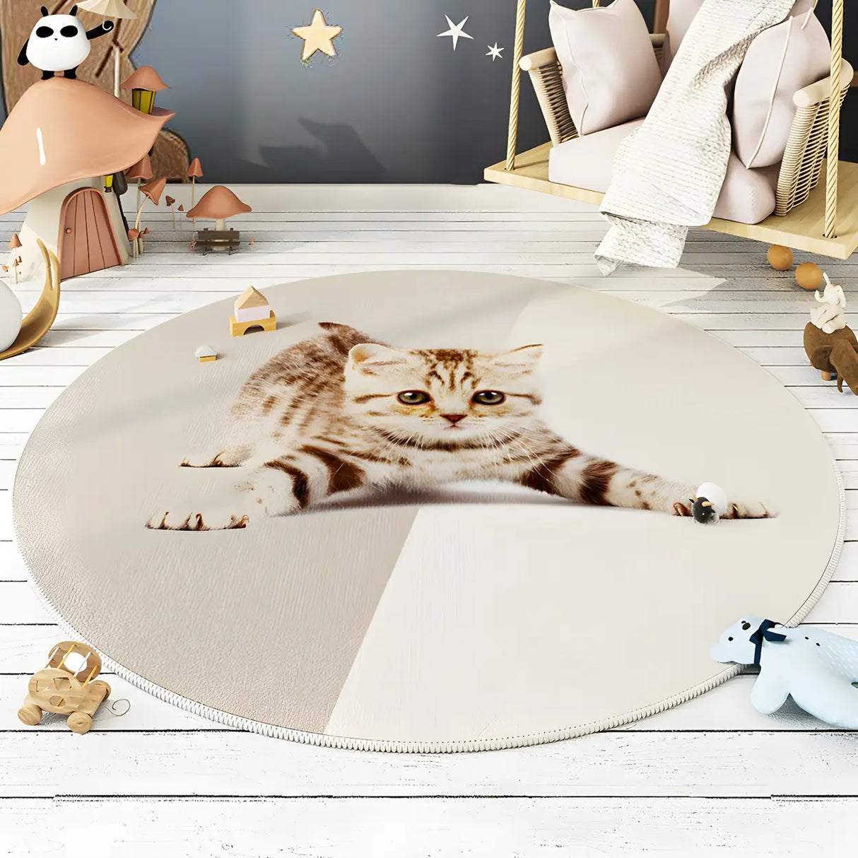 Cute Round Animal Printed Soft Polyester Gray Area Rug Image - 7