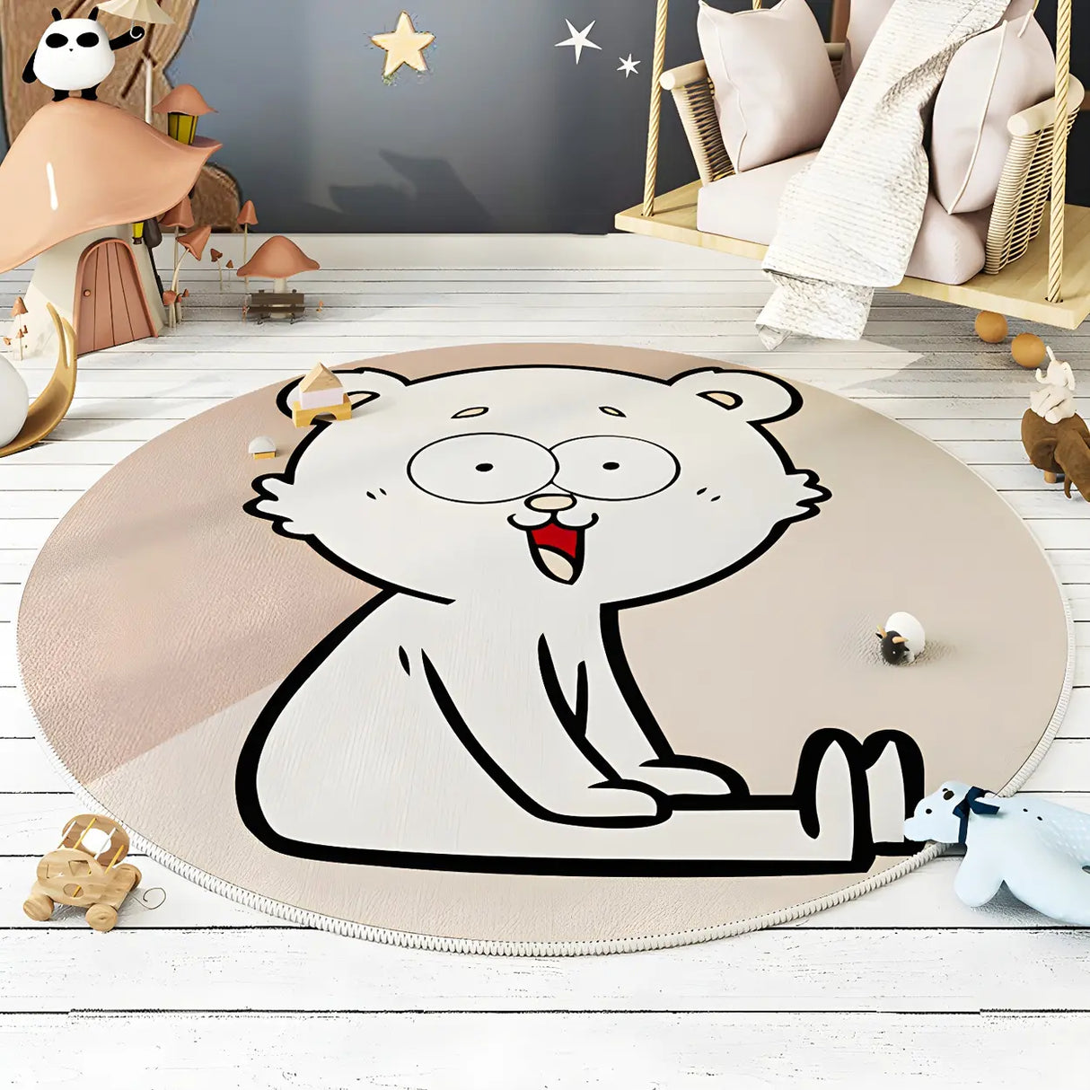 Cute Round Animal Printed Soft Polyester Gray Area Rug Image - 8