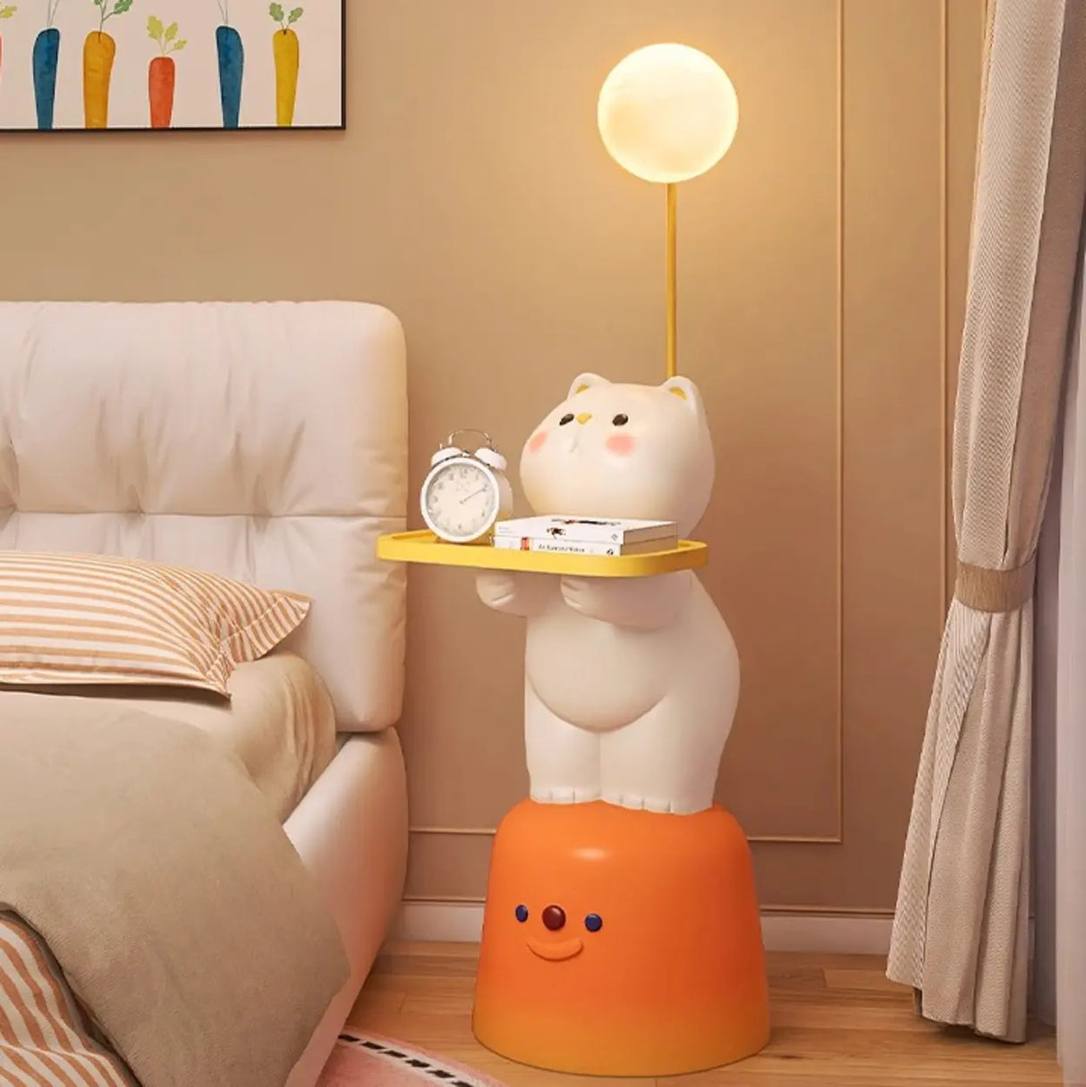 Cute White Cat Side Table With Lamp Image - 1