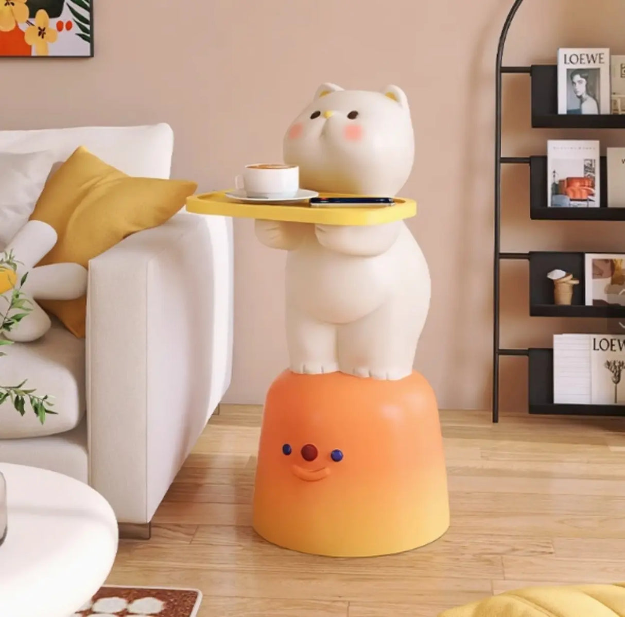 Cute White Cat Side Table With Lamp Image - 2