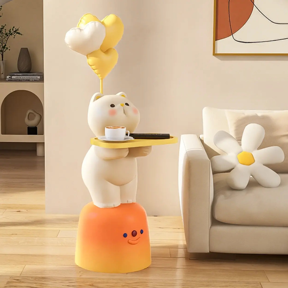 Cute White Cat Side Table With Lamp Image - 4