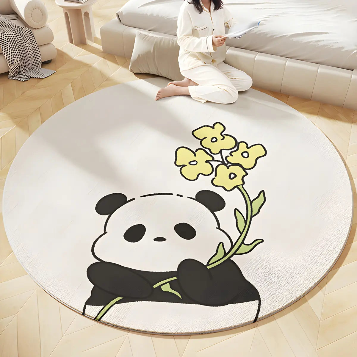 Cute White Round Lambswool Panda Pattern Area Rug Image - 1
